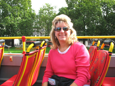 Susan on the London tour bus